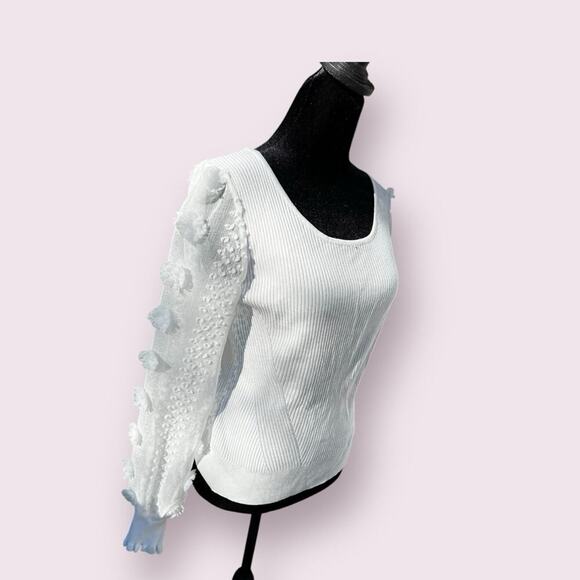 White sweater with sheer tufted sleeves.  Women's size 7-9 - Picture 2 of 9